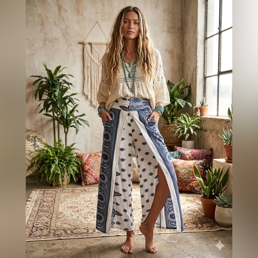Kathmandu Boho Split-Leg Wide Cropped Thai Pants Blue Paisley M L Rayon